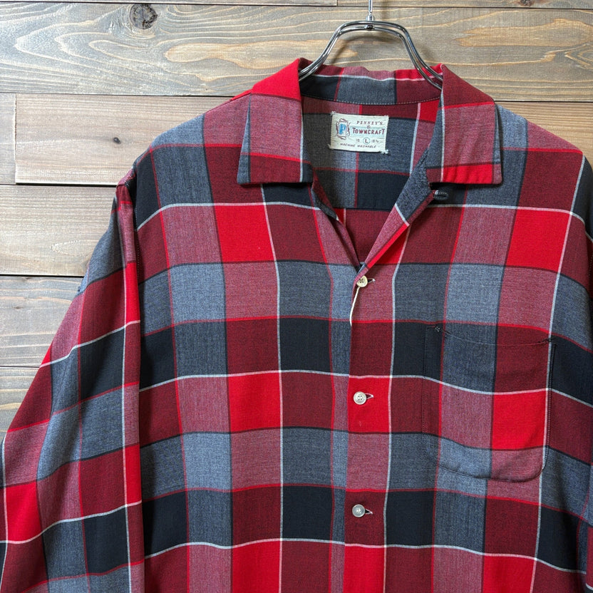 1950s~1960s Towncraft Open Collar Rayon Plaid Shirt