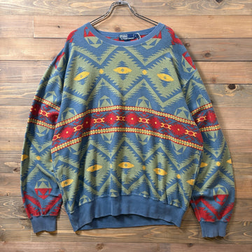 1990s “Polo Ralph Lauren” Native Pattern Cotton Sweatshirt